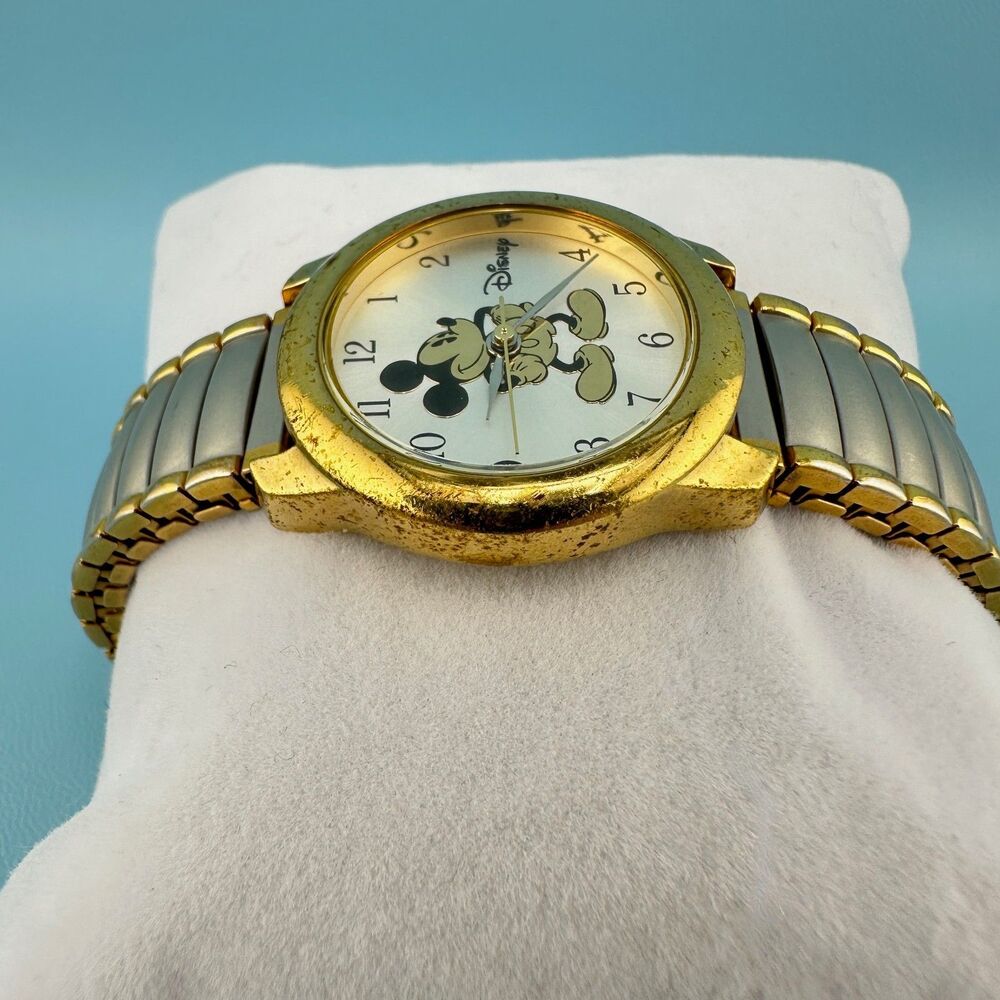 Vintage Mickey Mouse Gold Silver Tone Stretch Band Wrist Watch Tested Works - Picture 7 of 14